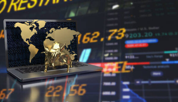 gold bull on notebook for business background 3d rendering